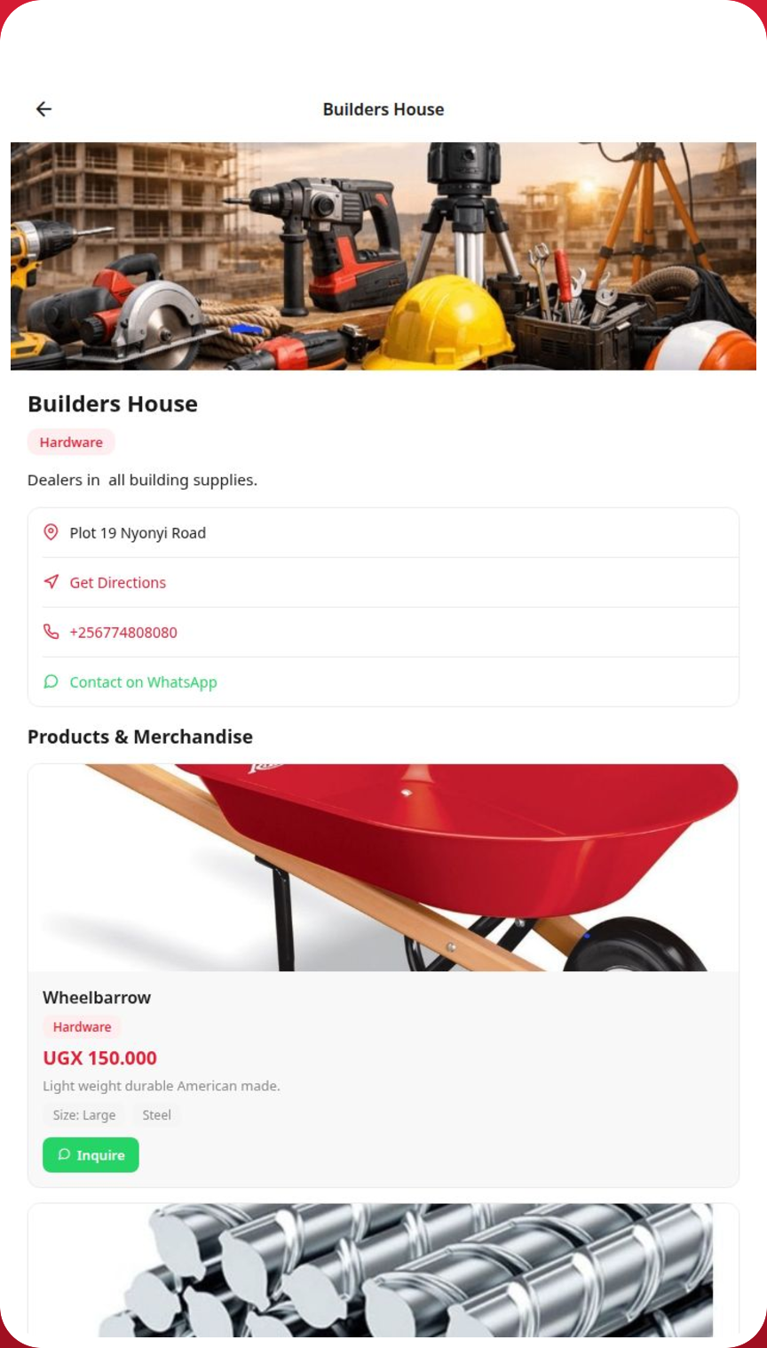 A Priced Ug business page showing products with prices